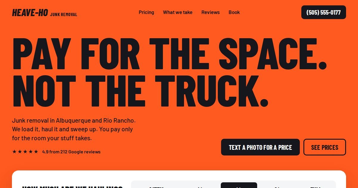 Junk removal website, with a truck that fills up as the customer picks a load size